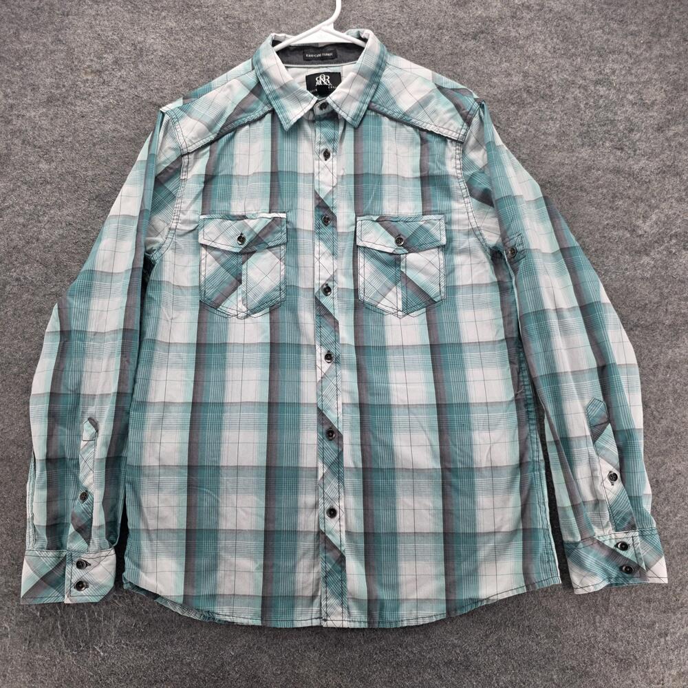 Rock & Republic Shirt Mens M Green Plaid Long Sleeve Button Up Regular Fit